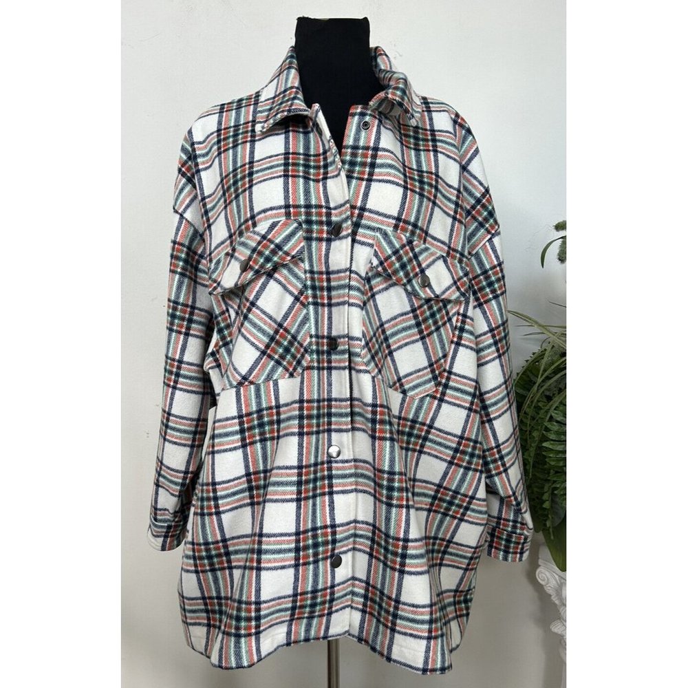 Nordstrom BP. Ivory Blue Plaid Wool Button Down Shacket Shirt Top Jacket Sz 3X